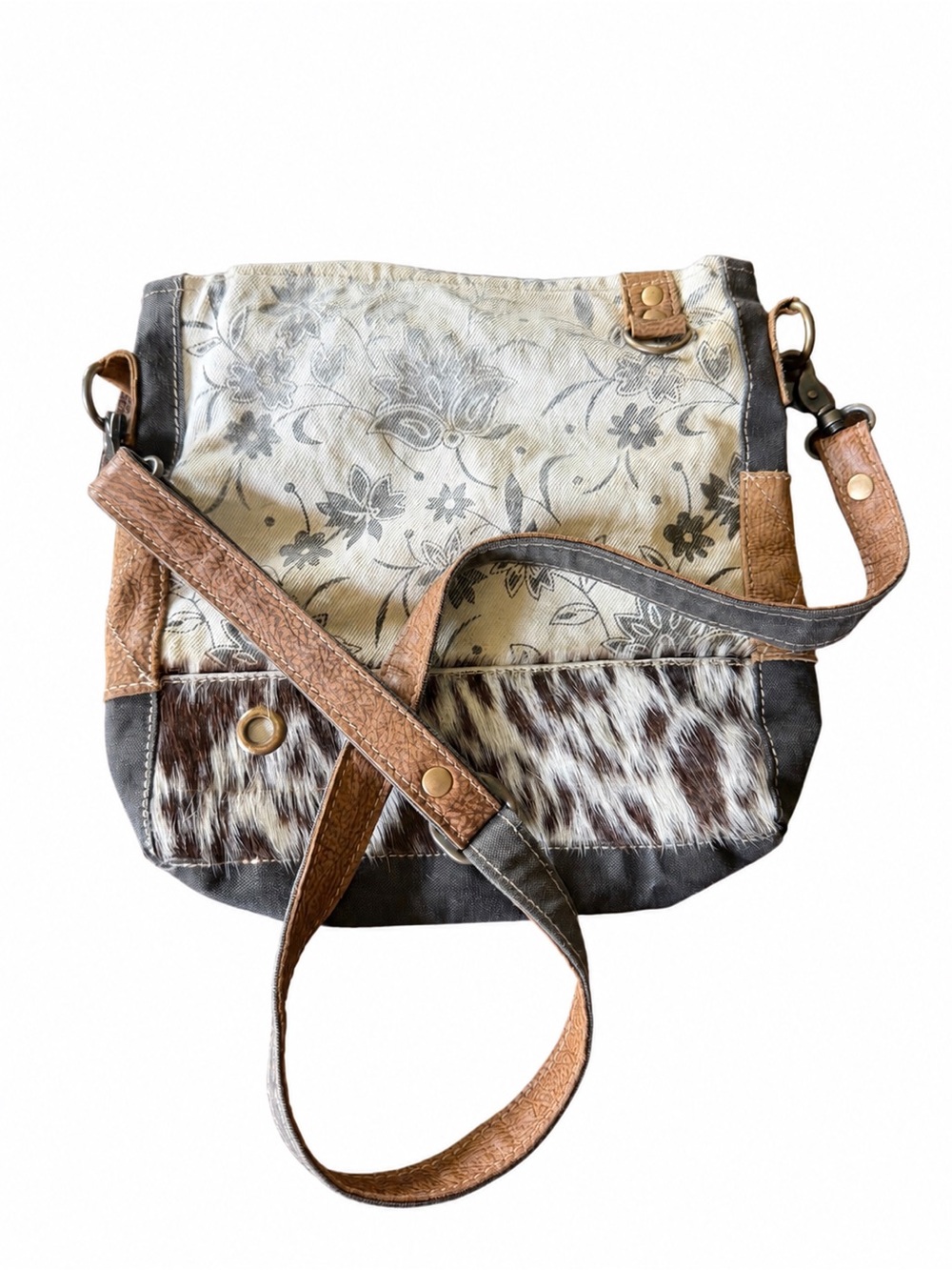 Myra Bag Neutral Floral Canvas Crossbody with Brown Leather & Cowhide Accent